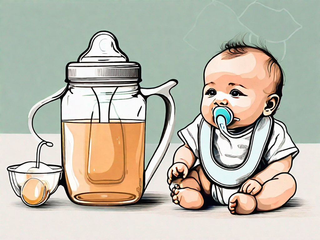 A baby bottle filled with tea next to a pacifier and a baby bib