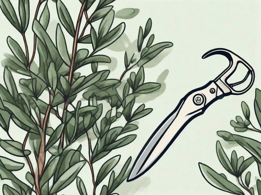 A buxus plant with visible pruning shears