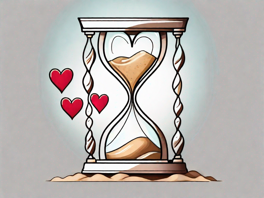 A symbolic hourglass with hearts flowing instead of sand