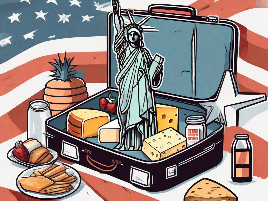 A suitcase open with various types of food like cheese