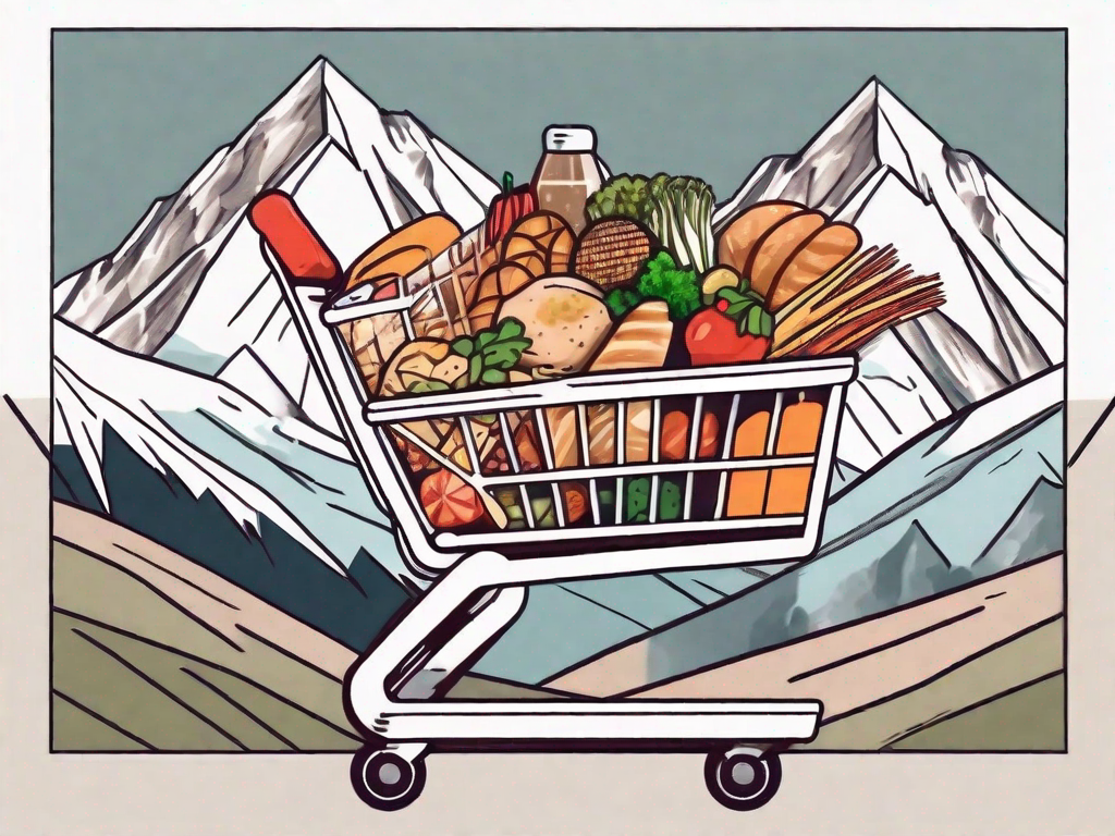 A shopping cart filled with various types of food items