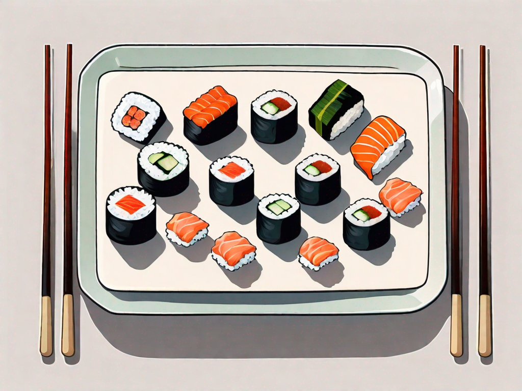 Various types of sushi arranged on a traditional japanese sushi plate