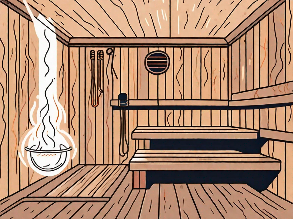 A sauna with visible heat waves and a thermometer showing a high temperature
