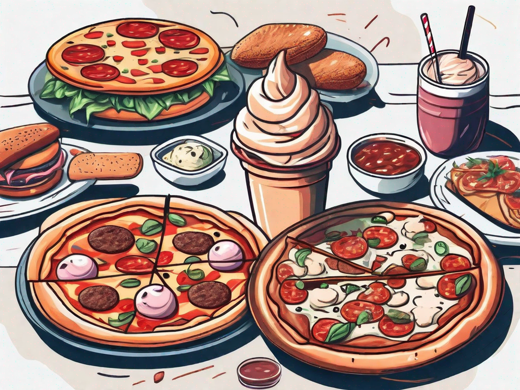 A variety of indulgent foods like pizza