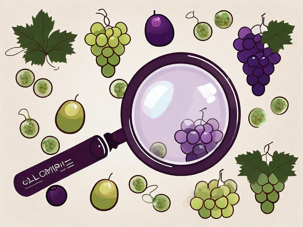 A bunch of grapes with a magnifying glass focusing on one grape