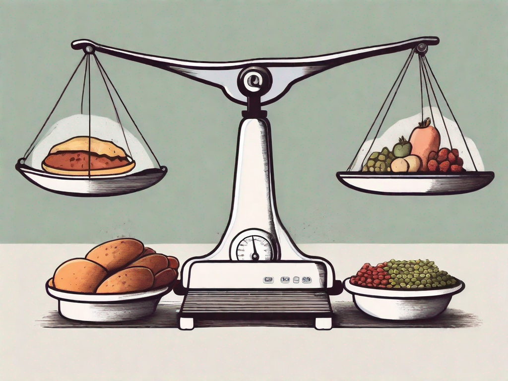 A scale balancing a kilogram weight on one side and various types of food on the other side