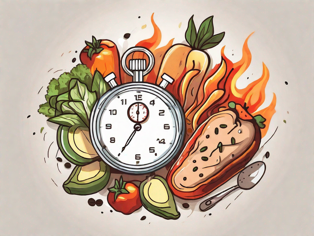 A burning flame incorporated with various healthy foods and a stopwatch